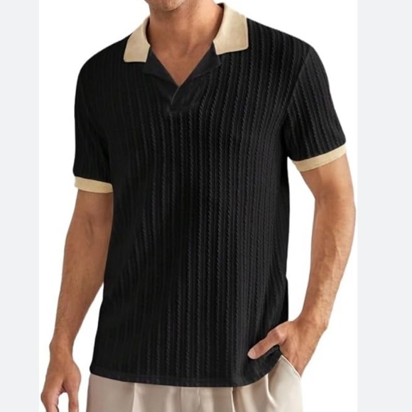 Men’s Black / tan cable knit short sleeve polo tee shirt - Picture 2 of 5